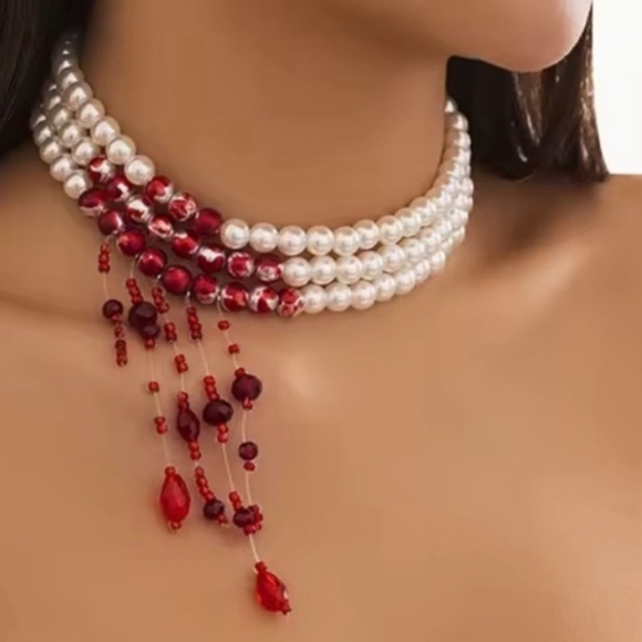 Glam Red Beaded Pearl Choker NecklaceElegant Gothic Statement Jewelry